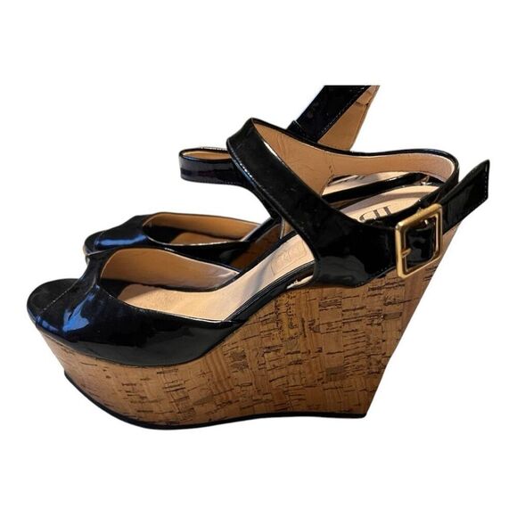 Idore Womens Size 7 Cork Wedge Platform Sandal Black Glossy Leather Summer Night - Picture 1 of 12